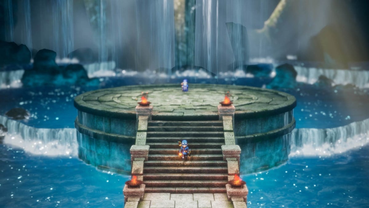 The hero walking down some stone steps in Dragon Quest I & II HD-2D Remake